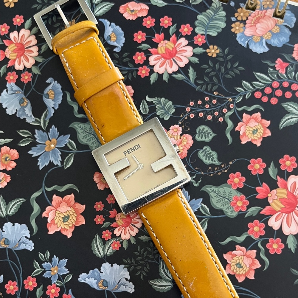 Fendi Mustard Leather Strap Watch with Silver Face
